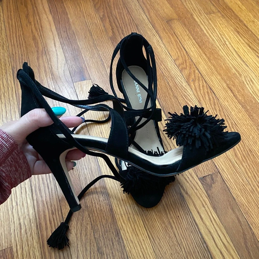 Gianni Bini Black Suede Fringe Open Toe Heels - Picture 2 of 4